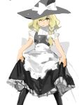  apron bad_drawr_id bad_id black_pantyhose blonde_hair bow braid clothes_lift dress dress_lift hat hat_bow kirisame_marisa looking_at_viewer maid_apron oekaki pantyhose single_braid touhou white_background witch_hat yu_(yukiri) 