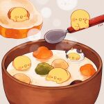  animal animal_costume baby_animal bird bowl broccoli carrot_slice chick chicken commentary_request cow_costume food food_focus kimipiyo_(tenmiyakiyo) no_humans original potato spoon steaming_food stew tenmiyakiyo 