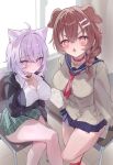  2girls absurdres adapted_costume ahoge animal_ear_fluff animal_ears belt_collar black_cardigan black_collar blue_sailor_collar blue_skirt blush bone_hair_ornament braid breasts brown_cardigan brown_hair buckle cardigan cat_ears cat_girl chair cleavage closed_mouth collar collared_shirt commentary_request crossed_legs desk dog_ears dog_girl droopy_ears fang green_skirt gyaru hair_ornament highres hololive hood hood_down hooded_cardigan indoors inugami_korone kogal large_breasts long_hair long_sleeves miniskirt multiple_girls neckerchief nekomata_okayu nekomata_okayu_(oversized_shirt) nishiro_hato on_chair open_cardigan open_clothes open_mouth orange_eyes paw_pendant plaid_clothes plaid_skirt pleated_skirt purple_eyes purple_hair red_collar red_neckerchief sailor_collar school_chair school_desk shirt short_hair sitting skin_fang skirt standing v-shaped_eyebrows virtual_youtuber white_shirt 