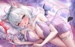  1girl :3 absurdres ahoge amashiro_nyamu_(vtuber) animal_ear_fluff animal_ears babydoll bare_shoulders belt blue_eyes blue_streaks blush breasts cat_ears cat_girl cleavage collarbone commentary_request commission curtains demon_tail frilled_pillow frills gradient_sky hair_between_eyes hair_ornament heart heart_o-ring highres indie_virtual_youtuber kirisamede_gzr large_breasts light_particles long_hair looking_at_viewer lying multicolored_hair nail_polish o-ring ocean on_side open_mouth paw_hair_ornament pillow pink_hair pink_nails pink_sky purple_babydoll railing red_ribbon ribbon see-through_babydoll see-through_clothes sky smile solo streaked_hair tail thigh_belt thigh_strap thighs very_long_hair virtual_youtuber white_hair wings x_hair_ornament 