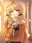  1girl bag black_bow blonde_hair blush bow braid braided_twintails commentary_request ettadotteco fang fujita_kotone gakuen_idolmaster gift_bag hair_bow hallway highres holding holding_bag idolmaster indoors jacket long_hair looking_at_viewer open_mouth orange_jacket scarf signature smile solo twin_braids twintails upper_body valentine white_scarf window yellow_eyes 