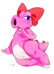  2018 bebebebebe birdo blush female hair_ribbon looking_at_viewer mario_bros nintendo one_eye_out pussy ribbons ring simple_background solo video_games 