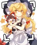  1girl animal animal_ears animalization apron back_bow black_hat black_skirt black_vest blonde_hair blush bow braid brown_hair cat chinese_commentary closed_mouth commentary_request dog_ears dog_girl dog_tail frilled_bow frilled_hair_tubes frills hair_bow hair_tubes hakurei_reimu hat highres holding holding_animal holding_cat kemonomimi_mode kirisame_marisa long_hair nagi_(pixiv_108409221) red_bow red_eyes side_braid signature single_braid skirt smile tail tail_bow tail_ornament touhou very_long_hair vest viewfinder waist_apron white_apron white_bow white_cat witch_hat yellow_eyes 