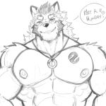  2018 abs absurd_res anthro biceps canine darkzerojack digital_media_(artwork) fur hair hi_res male mammal muscular muscular_male nipples one_eye_closed pecs silver_(darkzerojack) simple_background sketch tattoo wink wolf 