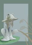  1girl absurdres blonde_hair commentary_request full_body hat highres lily_pad long_hair moriya_suwako reeds sliyu squatting straw_hat touhou yellow_eyes 