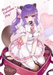  1girl animal_ears apron balloon bare_shoulders between_legs bow box box_of_chocolates breasts candy chocolate commentary_request covered_mouth food gloves hand_between_legs hand_up happy_valentine heart heart-shaped_chocolate heart-shaped_food heart_balloon hitsuki_rei holding holding_food indie_virtual_youtuber long_hair looking_at_viewer mahou_purinkan medium_breasts pink_bow pink_skirt pleated_skirt purple_eyes purple_hair see-through_cleavage see-through_clothes shirt side_ponytail sidelocks skirt sleeveless sleeveless_shirt solo tail thighhighs virtual_youtuber waist_apron white_apron white_gloves white_shirt white_thighhighs 