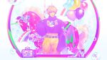  1boy absurdres balloon blonde_hair bubble bubble_pipe commentary_request cosmetics crescent_balloon detached_carousel_horse heart heart_sticker high_heels highres isshiki_suzu kurosawa_(adelta) long_sleeves makeup makeup_palette male_focus midriff nail_polish official_art pants pink_theme print_sweater purple_sweater rainbow star_balloon sticker sweater unicorn uuultra_c yellow_pants 