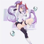 1girl :3 absurdres ahoge arms_behind_head arms_up asymmetrical_legwear black_gloves black_shorts black_thighhighs blush bow breasts closed_mouth gloves green_eyes hair_between_eyes hair_bow hair_ribbon highres knee_up kneehighs long_hair looking_at_viewer medium_breasts original purple_hair red_bow red_ribbon ribbon scouter second-party_source shirt shoes short_shorts short_sleeves shorts simple_background single_kneehigh single_sock single_thighhigh small_breasts smile socks solo sylvia_(huajiuhuajiu) thigh_strap thighhighs thighs tinted_eyewear twintails uneven_legwear very_long_hair white_background white_shirt white_socks wulala_(vtuber) 