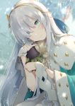  1girl anastasia_(fate/grand_order) bangs blue_eyes blush cape commentary_request crown doll dress fate/grand_order fate_(series) hair_over_one_eye hairband highres holding holding_doll hoshino_ruru jacket jewelry kadoc_zemlupus long_hair looking_at_viewer mini_crown royal_robe short_hair silver_hair single_earring smile snow snowing very_long_hair white_dress winter 