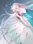  anastasia_(fate/grand_order) bangs blue_eyes cape commentary_request crown doll dress fate/grand_order fate_(series) hair_between_eyes hairband holding holding_doll long_hair looking_at_viewer mini_crown royal_robe silver_hair snow snowing solo very_long_hair white_dress winter ya99ru 
