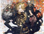  ;d abandon_ranka asymmetrical_gloves autumn_leaves black_gloves blonde_hair blue_eyes braid branch eyes_visible_through_hair gloves hair_over_one_eye hand_on_hip leaf male_focus one_eye_closed open_mouth ponytail shishiou shishiou_no_mofumofu smile touken_ranbu 