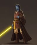  1boy 5health absurdres alien black_hair blue_skin boots brown_background brown_boots brown_eyes brown_robe brown_tunic colored_skin copyright_name energy_sword full_body highres holding holding_sword holding_weapon kevmo_zink lightsaber long_hair looking_at_viewer open_clothes open_robe pantoran robe solo star_wars star_wars:_the_high_republic sword tunic weapon yellow_lightsaber 