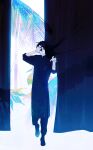  1boy absurdres black_eyes black_hair chinese_clothes claw_pose commentary_request curtains floral_print hibarino_yomi highres kurosawa_(adelta) leaf looking_at_viewer male_focus official_art palm_leaf palm_tree plant see-through_curtains tree uuultra_c 