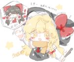  2girls ascot black_hat black_vest blonde_hair blush bow braid brown_hair chibi chibi_only chinese_commentary chinese_text closed_mouth commentary_request detached_sleeves frilled_bow frilled_hair_tubes frills hair_bow hair_tubes hakurei_reimu hat hat_bow highres kirisame_marisa long_hair multiple_girls nagi_(pixiv_108409221) open_mouth red_bow scarf side_braid signature single_braid smile star_(symbol) touhou translation_request vest witch_hat yellow_ascot yellow_eyes yellow_scarf 