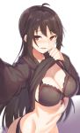  bad_anatomy bad_id bad_pixiv_id black_bra black_panties bra breasts brown_eyes brown_hair fenrir_(fenrir042) groin iris_yuma lifted_by_self long_hair looking_at_viewer medium_breasts midriff navel panties reaching_out self_shot simple_background solo soul_worker standing underwear very_long_hair 