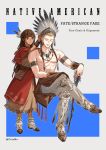  1boy 1girl blonde_hair bracer braid brown_eyes brown_hair character_name chiamo_(lmc_clm) closed_eyes commentary_request copyright_name dark-skinned_female dark_skin dress earrings fate/strange_fake fate_(series) feather_hair_ornament feathers fringe_trim full_body gilgamesh_(fate) grey_background hair_ornament headdress highres jewelry long_hair native_american_clothes native_american_headdress necklace pants poncho shoes short_hair sitting smile tine_chelc toned toned_male topless_male 