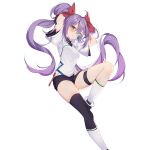  1girl absurdres ahoge anklet arms_behind_head arms_up asymmetrical_legwear black_gloves black_shorts black_thighhighs blush bow breasts closed_mouth gloves green_eyes hair_between_eyes hair_bow hair_ribbon highres jewelry kneehighs long_hair looking_at_viewer medium_breasts original purple_hair red_bow red_ribbon ribbon scouter second-party_source shirt shoes short_shorts short_sleeves shorts simple_background single_kneehigh single_sock single_thighhigh small_breasts smile socks solo sylvia_(huajiuhuajiu) thigh_strap thighhighs thighs tinted_eyewear twintails uneven_legwear very_long_hair white_background white_shirt white_socks wulala_(vtuber) 