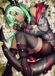  1girl absurdres bare_shoulders black_boots black_gloves black_thighhighs boots breasts cleavage commentary dark-skinned_female dark_skin english_commentary fetal_position flower full_body gift_art gloves green_hair grey_jacket highres horns jacket jacket_partially_removed long_hair looking_at_viewer lying medium_breasts on_ground on_side original parted_bangs parted_lips red_eyes ryuuxin single_thighhigh solo tail thighhighs torn_clothes torn_thighhighs white_flower 