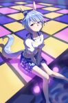  1girl absurdres animal_ears between_legs blue_eyes blue_hair blue_shorts blush breasts closed_mouth collarbone commentary_request dance_floor dated ear_covers english_commentary feet_out_of_frame floral_print_shorts gaze_on_me!_outfit_(umamusume) hair_between_eyes hair_ornament hand_between_legs highres horse_ears horse_girl horse_tail k.s.miracle_(umamusume) looking_at_viewer male_swimwear medium_breasts midriff official_alternate_costume print_shorts saramiao-chan scrunchie shirt short_hair shorts sitting smile solo swim_trunks tail tied_shirt tile_floor tiles umamusume wrist_scrunchie 