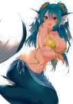  absurdres ahoge arms_under_breasts bare_arms bare_shoulders bikini bikini_top blue_eyes blue_hair blush breast_hold breasts cleavage colored_eyelashes covered_nipples embarrassed fang flower groin hair_flower hair_ornament head_fins highres large_breasts leaning_forward long_hair looking_at_viewer matsunoki_(unknown_751) mermaid monster_girl navel open_mouth original sarong shiny shiny_clothes simple_background solo stomach sweatdrop swimsuit twintails untied untied_bikini very_long_hair white_background yellow_bikini_top 