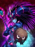  1boy arm_belt black_hair blue_sky colored_sclera crossed_arms duel_monster gloves hat highres holding holding_staff jester_cap kuriboh long_hair long_sleeves magician_of_black_chaos male_focus pentagram purple_eyes red_eyes sky staff sukehachi yellow_sclera yu-gi-oh! 