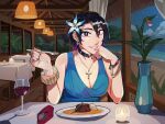  1girl absurdres beach black_hair blue_dress blue_fire bracelet bright_pupils candle cross cross_necklace cup diforland dress drinking_glass fire flower food fork hair_flower hair_ornament highres holding holding_fork jewelry looking_at_viewer lydia_(diforland) necklace night original outdoors plate short_hair sleeveless sleeveless_dress solo table vase water white_pupils wine_glass 