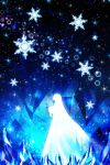  absurdres anastasia_(fate/grand_order) bad_id bad_pixiv_id blue commentary crystal dress fate/grand_order fate_(series) from_side harada_miyuki highres holding long_dress long_hair monochrome silhouette snowflakes solo standing very_long_hair 