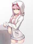  breasts commentary cowboy_shot cropped_legs crossed_arms darling_in_the_franxx eyebrows_visible_through_hair green_eyes hair_over_breasts hairband highres holding hood hood_up hoodie horns long_hair looking_at_viewer medium_breasts pink_hair pocket simple_background solo standing tota_(sizukurubiks) white_hairband zero_two_(darling_in_the_franxx) 