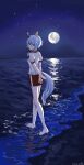  1girl absurdres animal_ears arms_behind_back barefoot beach blue_eyes blue_hair blush closed_mouth commentary_request ear_covers full_moon hair_between_eyes highres horse_ears horse_girl horse_tail k.s.miracle_(umamusume) looking_at_viewer moon night ocean outdoors red_shorts saramiao-chan shirt short_hair short_sleeves shorts sky smile solo star_(sky) tail umamusume water white_shirt 