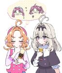  4girls ahoge akechi_anna anna's_mother_(meitantei_precure!) antenna_hair beret black_dress blush_stickers chibi closed_eyes closed_mouth dot_mouth dress food food_on_face green_eyes grey_hair hand_on_own_chin hat highres holding holding_food holding_ice_cream ice_cream ice_cream_cone kobayashi_mikuru light_blush long_hair looking_at_object low_twintails medium_hair meitantei_precure! moria_luluka multiple_girls multiple_scoops orange_hair pink_shirt precure purple_eyes red_hair shirt short_twintails speech_bubble tetesudeesu thinking thought_bubble twintails 