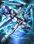  artist_name dual_wielding earth gn_drive gunblade gundam gundam_00_a_wakening_of_the_trailblazer highres holding light_particles mecha no_humans shield signature sword wa-kun weapon 