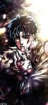  2boys absurdres artist_name blonde_hair blood blood_from_mouth blood_on_face blue_eyes blue_hair bracer clenched_teeth dio_brando dying english_commentary fang hand_on_another's_head highres hug jojo_no_kimyou_na_bouken jonathan_joestar male_focus messy_hair multiple_boys noonvincent parted_lips phantom_blood red_eyes shirt short_hair star_(symbol) teeth white_shirt 