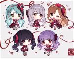  5girls absurdres bang_dream! bang_dream!_girls_band_party! black_eyes black_hair black_shoes blue_hair bow braid brown_hair chibi chibi_only closed_mouth dress earrings fang green_eyes hair_bow happy_valentine heart heart_earrings heart_in_eye highres hikawa_sayo imai_lisa jewelry long_hair minato_yukina multiple_girls one_eye_closed open_mouth pearl_earrings pearl_hair_ornament purple_hair red_bow red_dress red_eyes roselia_(bang_dream!) shirokane_rinko shoes short_twintails simple_background skirt smile symbol_in_eye twintails udagawa_ako udagawang valentine wavy_hair white_background yellow_eyes 