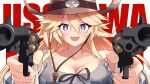  1girl absurdres aiming aiming_at_viewer blonde_hair blue_eyes brown_hat character_name colt_single_action_army cowboy_hat dual_wielding gun hat highres holding holding_toy_gun iowa_(kancolle) iowa_(setsubun)_(kancolle) kantai_collection long_hair official_alternate_costume revolver shiba_(zudha) shirt smile solo star-shaped_pupils star_(symbol) striped_clothes striped_shirt symbol-shaped_pupils text_background upper_body weapon 