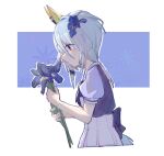  1girl animal_ears blue_eyes blue_hair blush bow bowtie breasts commentary_request ear_covers flower hair_between_eyes hair_flower hair_ornament highres holding holding_flower horse_ears horse_girl horse_tail k.s.miracle_(umamusume) puffy_short_sleeves puffy_sleeves purple_bow purple_bowtie purple_shirt sailor_collar sailor_shirt saramiao-chan school_uniform shirt short_hair short_sleeves skirt solo tail tracen_school_uniform umamusume white_sailor_collar white_skirt 