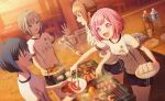  4girls :d ^_^ black_shorts blue_hair bob_cut bottle breasts brown_hair character_name closed_eyes colorful_palette cooking corn game_cg green_eyes grey_eyes grey_hair grill grilling highres hinomori_shiho holding holding_plate holding_tongs kiritani_haruka kitto_saikou_no_summer!_(project_sekai) looking_at_another mochizuki_honami multiple_girls official_art ootori_emu pink_eyes pink_hair plate profile project_sekai shirt short_hair shorts shrimp skewer smile third-party_source tongs tongue v-shaped_eyebrows white_shirt 