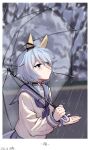  1girl absurdres animal_ears blue_eyes blue_hair blue_neckerchief blue_sailor_collar blue_skirt blush breasts closed_mouth commentary_request ear_covers hair_between_eyes highres holding holding_umbrella horse_ears horse_girl horse_tail k.s.miracle_(umamusume) long_sleeves looking_up neckerchief outdoors rain sailor_collar saramiao-chan school_uniform serafuku shirt short_hair skirt tail umamusume umbrella white_shirt 
