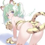  1girl ahoge all_fours animal_ears animal_hands animal_print ass bare_shoulders blue_eyes blush commentary_request convenient_tail crop_top gloves green_hair highres looking_at_viewer looking_back medium_hair original paw_gloves po_yo_ta_ma short_shorts shorts solo tail tiger_ears tiger_girl tiger_print tiger_tail twintails 