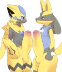 2021 3_fingers anthro anthro_on_anthro balls big_penis biped black_body black_fur black_inner_ear black_markings blue_body blue_eyes blue_fur blue_whiskers blush blush_lines canid canine cheek_tuft chest_spike closed_smile digital_drawing_(artwork) digital_media_(artwork) duo erection eye_contact facial_markings facial_tuft fangs felid feline fingers foreskin fur generation_4_pokemon generation_7_pokemon genitals glans gloves_(marking) hand_spike head_markings huge_penis humanoid_genitalia humanoid_penis hyper hyper_genitalia hyper_penis leg_markings legendary_pokemon long_penis looking_at_another lucario male male/male male_anthro mammal markings mouth_closed multicolored_body multicolored_fur multicolored_penis neck_tuft nintendo nude nude_anthro nude_male partially_retracted_foreskin penile penis penises_touching pink_glans pink_penis pointy_ears pokemon pokemon_(species) prick_ears pu_sukebe red_eyes shiny_pokemon simple_background smile spikes spikes_(anatomy) tail teeth tuft two_tone_penis whiskers white_background white_nose yellow_balls yellow_body yellow_fur yellow_penis yellow_tail zeraora