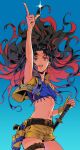  1girl arm_up armpit_peek bandaid bandaid_on_stomach belt belt_buckle black_belt black_hair black_ribbon blouse blue_shirt breasts buckle chiamo_(lmc_clm) chinese_commentary colored_inner_hair commentary_request cowboy cowboy_shot cowboy_western crop_top earrings fate/grand_order fate_(series) finger_gun gradient_background gun hair_ribbon highres holster holstered ishtar_(fate) jewelry katana long_hair looking_up midriff multicolored_hair navel open_mouth pointing pointing_up red_eyes red_hair ribbon shadow sheath sheathed shirt short_shorts shorts simple_background sky sleeveless sleeveless_shirt small_breasts smile solo space_ishtar_(fate) space_ishtar_(second_ascension)_(fate) star_(sky) star_(symbol) sword thigh_strap thighs two_side_up very_long_hair vest weapon yellow_shorts yellow_vest 