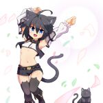  1girl 1up_(solid2) :d animal_ear_legwear animal_ears armpits arms_up black_boots black_cat black_collar black_hair black_shorts black_thighhighs black_vest blue_eyes boots breasts cat cat_ear_legwear cat_ears cat_girl cat_tail collar commentary_request cropped_vest detached_sleeves fang long_sleeves looking_at_viewer nanashi_(1up_(solid2)) navel open_clothes open_mouth open_vest original short_hair short_shorts shorts simple_background small_breasts smile stomach tail thighhighs vest 