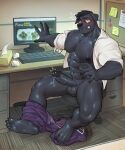  abs absurd_res anthro areola balls barazoku biceps big_balls big_penis black_body black_fur black_hair blush bodily_fluids bottomwear bottomwear_down canid canine canis caught_in_the_act chair chest_tuft clothed clothing computer digital_media_(artwork) dripping electronics eyebrows eyewear fur furniture genital_fluids genitals glasses hair hi_res huge_penis kiwi_hugh looking_at_viewer male mammal muscular muscular_anthro muscular_male pants pants_down partially_clothed pecs penis precum precum_drip solo thick_penis tuft vein veiny_penis 
