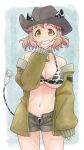  1girl animal_print bell bikini blonde_hair breasts collarbone commentary cow_print cow_print_bikini cow_tail cowbell fake_tail green_jacket grey_hat hat hat_with_ears highres jacket looking_at_viewer medium_hair navel off_shoulder open_fly print_bikini senki_zesshou_symphogear short_shorts shorts sleeves_past_wrists smile solo standing swimsuit tachibana_hibiki_(symphogear) tail unyon yellow_eyes 