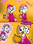 101_dalmatian_street 101_dalmatians absurd_res anthro black_nose black_spots canid canine canis clothing coat comic container cup dallas_(101_dalmatians) dalmatian dazed-and-wandering deja_vu_(101_dalmatians) destiny_(101_dalmatians) disney domestic_dog english_text female feral food fruit fur gloves group handwear hat headgear headwear hi_res holding_container holding_cup holding_food holding_fruit holding_object holding_pumpkin jacket mammal markings mole_(marking) pink_beret pink_clothing pink_coat pink_gloves pink_handwear pink_hat pink_headwear pink_jacket pink_scarf pink_topwear pink_winter_hat plant pumpkin scarf spots text topwear trio triple_d_(101_dalmatians) white_body white_fur winter_coat winter_hat winter_jacket