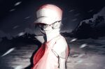  1boy baseball_cap black_hair collared_jacket commentary_request ggayo_pkm04 hair_between_eyes hat jacket korean_commentary male_focus mountain night outdoors pokemon pokemon_gsc popped_collar red_(pokemon) red_eyes red_jacket short_hair short_sleeves snowing solo upper_body 