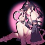  1boy animal_ear_fluff animal_ears black_hair blunt_bangs bracelet chinese_commentary cho_kaguya-hime! commentary_request crossdressing crossdressing_(mtf) detached_sleeves feet_out_of_frame from_side highres japanese_clothes jewelry kimono komazawa_noi long_hair long_sleeves looking_at_viewer male_focus multicolored_hair pink_eyes pink_kimono pink_streaks sitting smile solo spotlight streaked_hair thigh_strap tiger_ears tongue tongue_out trap twintails zhi_mo 