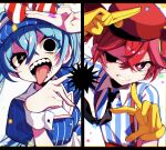  2girls absurdres black_eyes black_necktie blue_dress clenched_teeth collared_shirt commentary confetti contrast_collar double-parted_bangs dress drill_hair gloves hair_between_eyes hat hatsune_miku highres kasane_teto looking_at_another looking_at_viewer mesmerizer_(vocaloid) multiple_girls multiple_views necktie open_mouth overalls red_eyes red_hat red_overalls salute sharp_teeth shigure_(rinky_creater) shirt short_hair short_sleeves star-shaped_pupils star_(symbol) striped_clothes striped_dress striped_shirt sweatdrop symbol-shaped_pupils teeth tongue tongue_out twin_drills two-finger_salute untranslatable_commentary upper_body utau vertical-striped_clothes vertical-striped_dress vertical-striped_shirt visor_cap vocaloid white_background white_wrist_cuffs wrist_cuffs yellow_gloves 