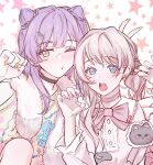  2girls absurdres bang_dream! bang_dream!_it's_mygo!!!!! black_choker blue_eyes bow bowtie choker claw_pose cone_hair_bun english_commentary fang grey_eyes hair_bun hair_ornament hairclip hero45439083942 highres long_hair long_sleeves multiple_girls nagasaki_anna nail_polish one_eye_closed open_mouth original pink_bow pink_bowtie pink_hair pink_nails purple_hair star_(symbol) star_symbol_background teeth upper_teeth_only wakaba_muna yellow_eyes yellow_nails 