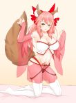  absurdres animal_ears bad_anatomy bare_shoulders bow breasts cleavage detached_sleeves drawfag fate_(series) fox_ears fox_tail hair_bow hair_ribbon highres indoors japanese_clothes kneeling large_breasts long_hair looking_at_viewer navel open_mouth pink_hair ribbon see-through sketch solo tail tamamo_(fate)_(all) thighhighs white_legwear yellow_eyes 