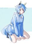  1girl animal_ears apron blue_eyes blue_hair blue_jacket blue_shorts blush breasts closed_mouth commentary_request ear_covers frilled_apron frills hair_between_eyes hair_ornament highres horse_ears horse_girl horse_tail jacket jersey_maid k.s.miracle_(umamusume) kneeling long_sleeves loose_socks maid maid_apron saramiao-chan shoes short_hair shorts smile socks tail track_jacket umamusume unconventional_maid waist_apron white_apron white_socks 